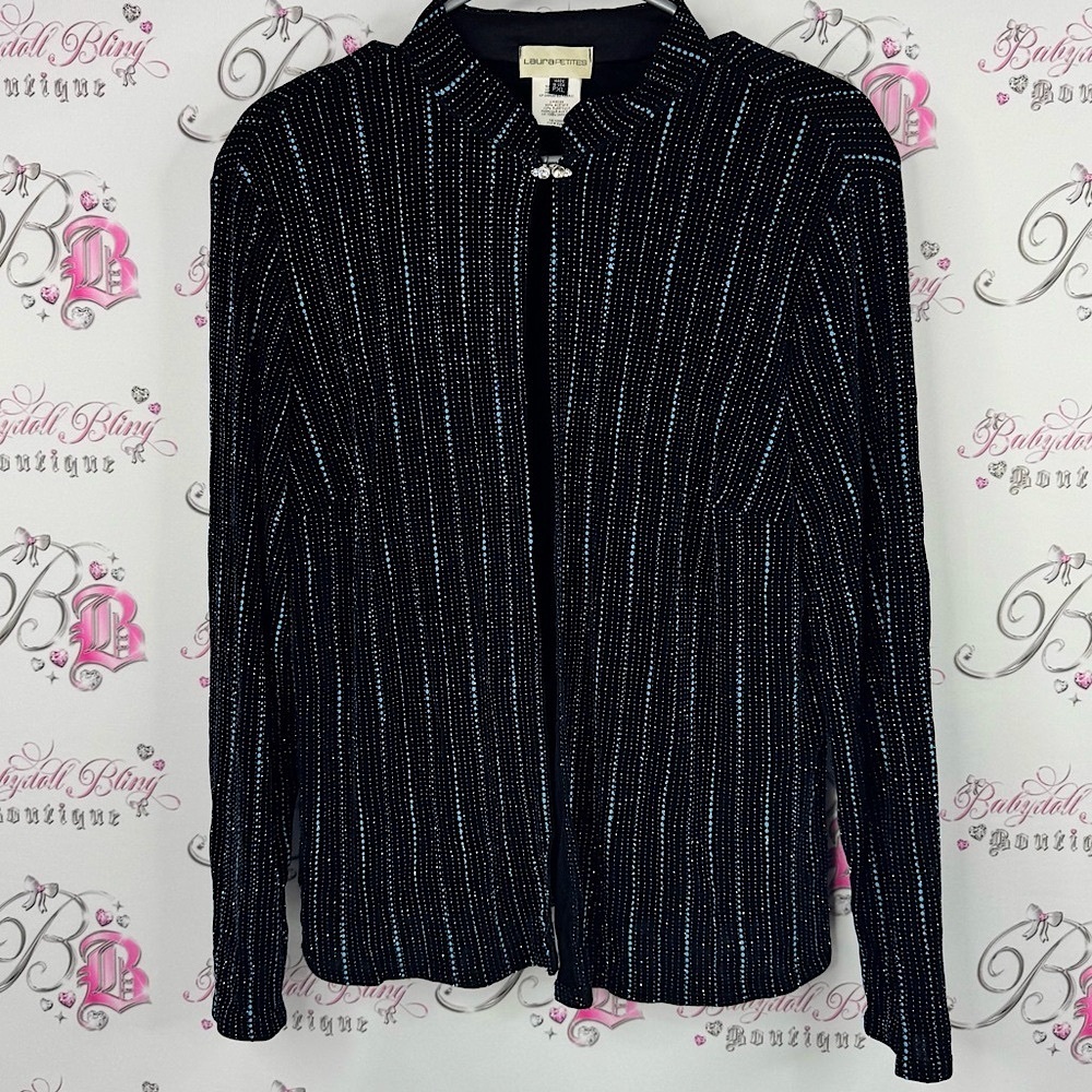 Laura petites sparkly cardigan top Elegant Black and Blue Pinstripe Blazer